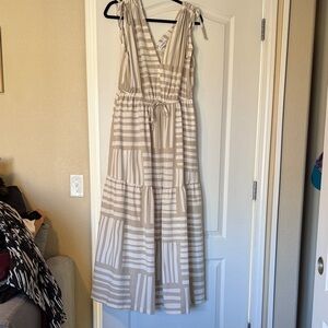Beige & White Calvin Klein Striped Sleeveless Maxi Dress